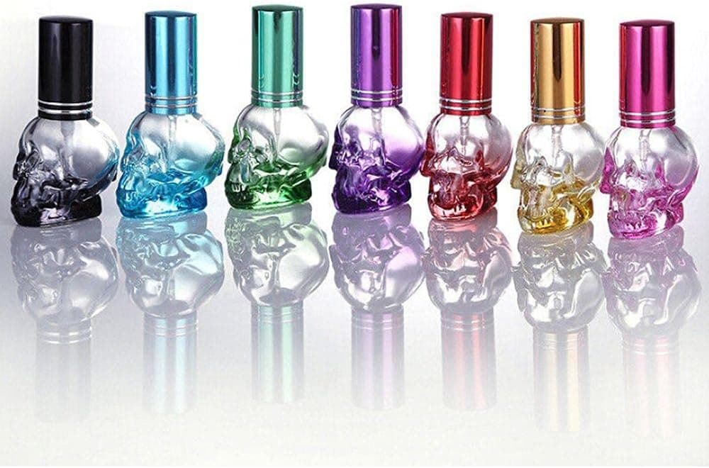 ICYANG Glass Spray Perfume Bottle, 7pcs 8ml Mini Spray Applicator Travel Unique Skull Shape Empty Glass Spray Perfume Bottles, Refillable Perfume Atomizer Vials, Random Color