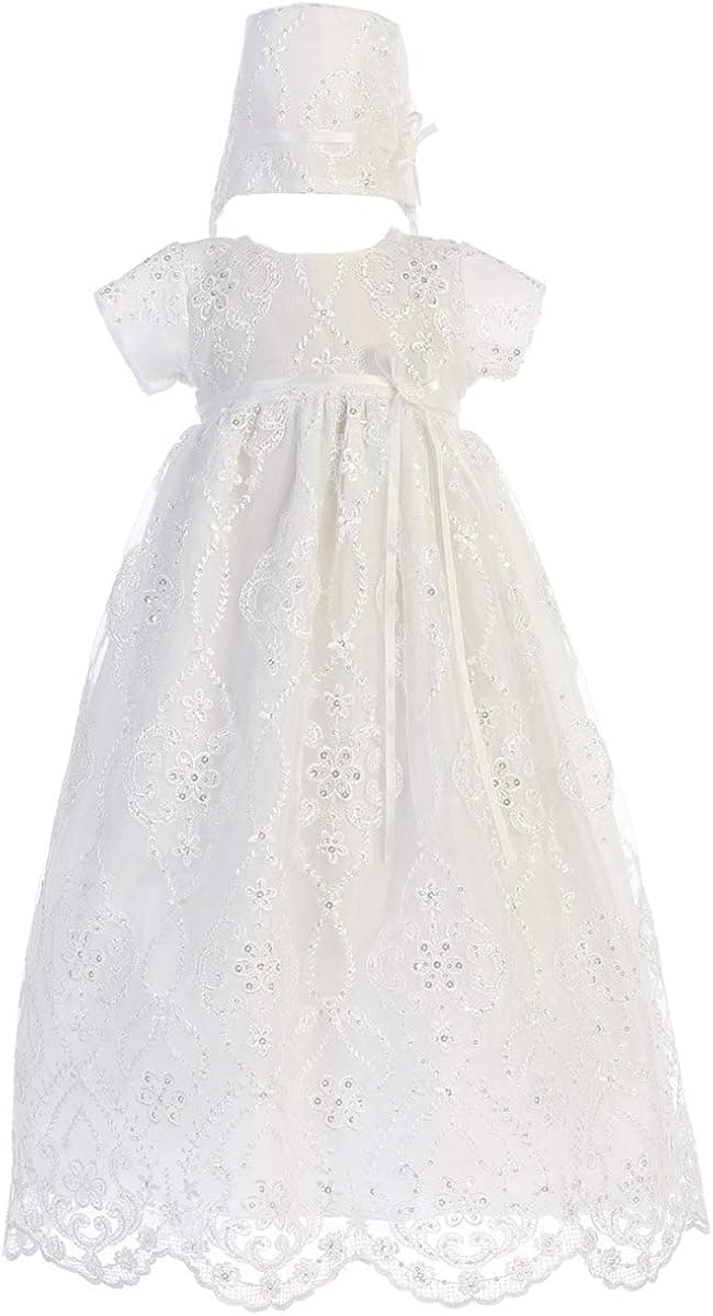 SWEA Pea & Lilli Bonnie Girls Christening Baptism Embroidered Tulle Long Gown with Sequins Dress