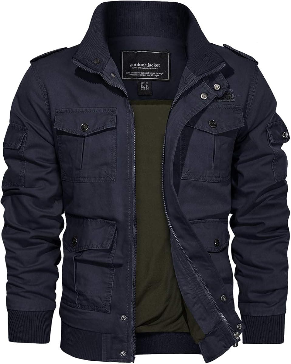 TACVASEN Men's Cotton Jackets Military Cargo Bomber Working Jackets with Multi Pockets Warm Coats