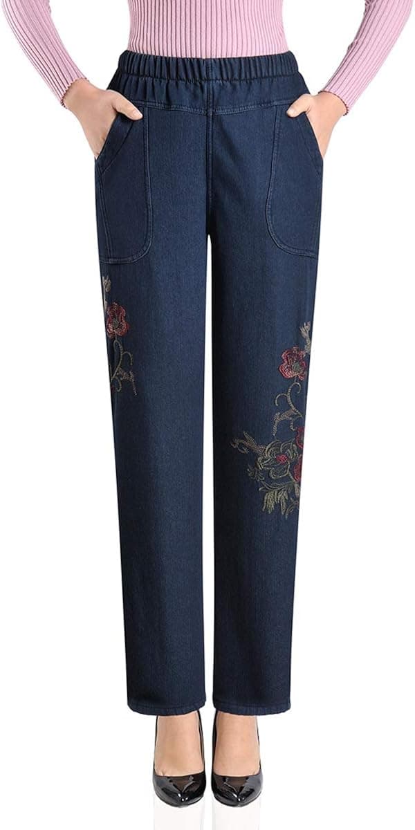 IDEALSANXUN Women’s Fleece Lined Jeans Elastic Waist Loose Straight Leg Jeans