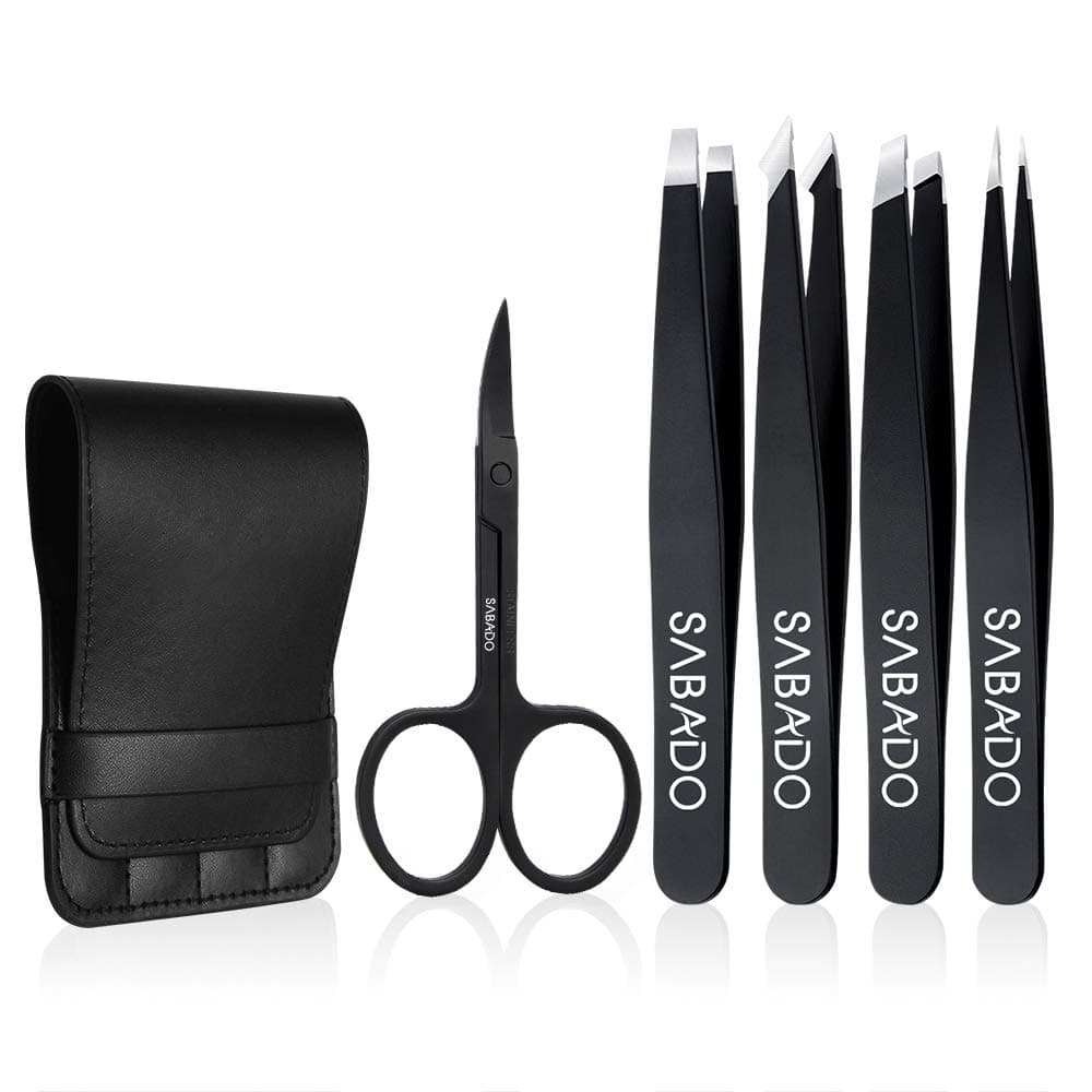 Tweezers Set 5-Piece - Professional Stainless Steel Tweezers with Curved Scissors, Best Precision Tweezer for Eyebrows, Splinter & Ingrown Hair Removal with Leather Travel Case (Black)