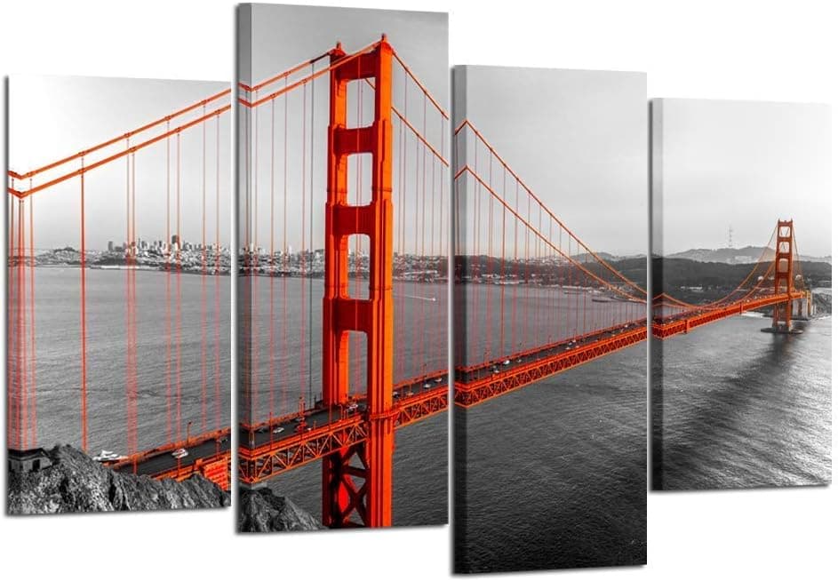 Kreative Arts Extra Large 4 Pieces Black White and Red Canvas Prints Wall Art San Francisco Golden Gate Bridge Pictures Cityscape Painting Printed on Canvas Art Work for Walls Decoration L64xH43