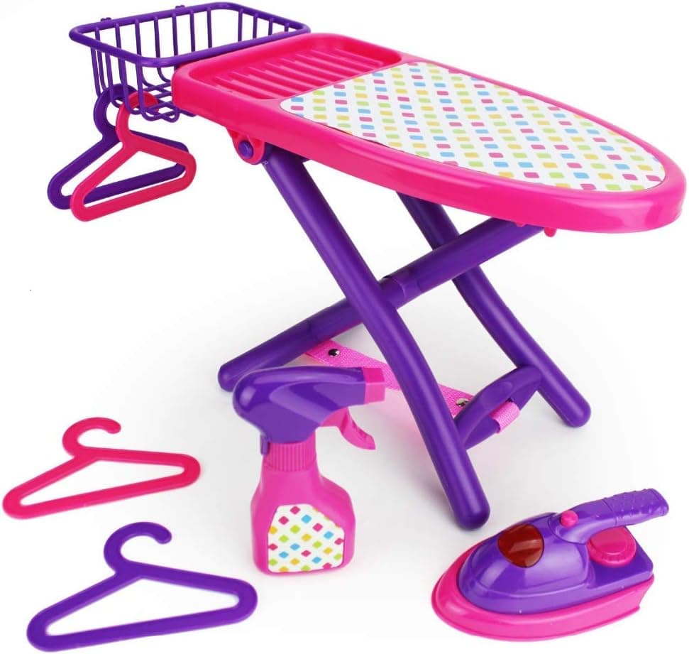 Boley Pretend Play Laundry Playset - Pink and Purple Laundry Toys with Ironing Board, Toy Iron, Spray Bottle, Hangers and Toy Storage Basket for Kids and Toddlers