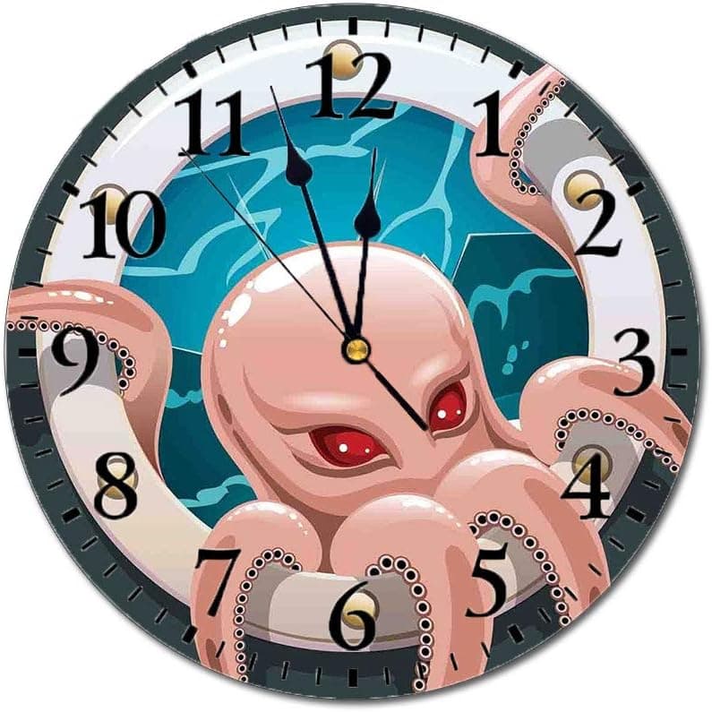 Octopus Decor 3D Print Round Wall Clock,Kraken Octopus with Tentacles in Ship Porthole Cartoon Style Illustration Retro Art 10 Inch Battery Operated Quartz Analog Quiet Desk Clock,Grey Pink Blue