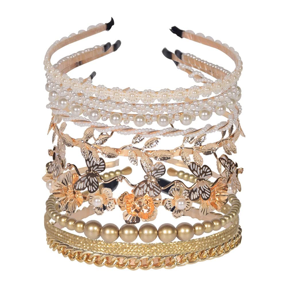 10 PCS Pearls Headband Rhinestones Hairbands Gold Metal Headbands White Faux Pearl Rhinestones Hairbands Leaf Decor Hair Hoop Metallic Butterfly Flower Headband Chained Headband Bridal Hair Hoop Wedding Hair Accessories for Women Girls ¡­