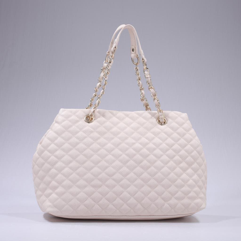 501600OW Classic Style Quilted Cross Pattern Soft Leather Metal Chain Strap Handbag (White Color)