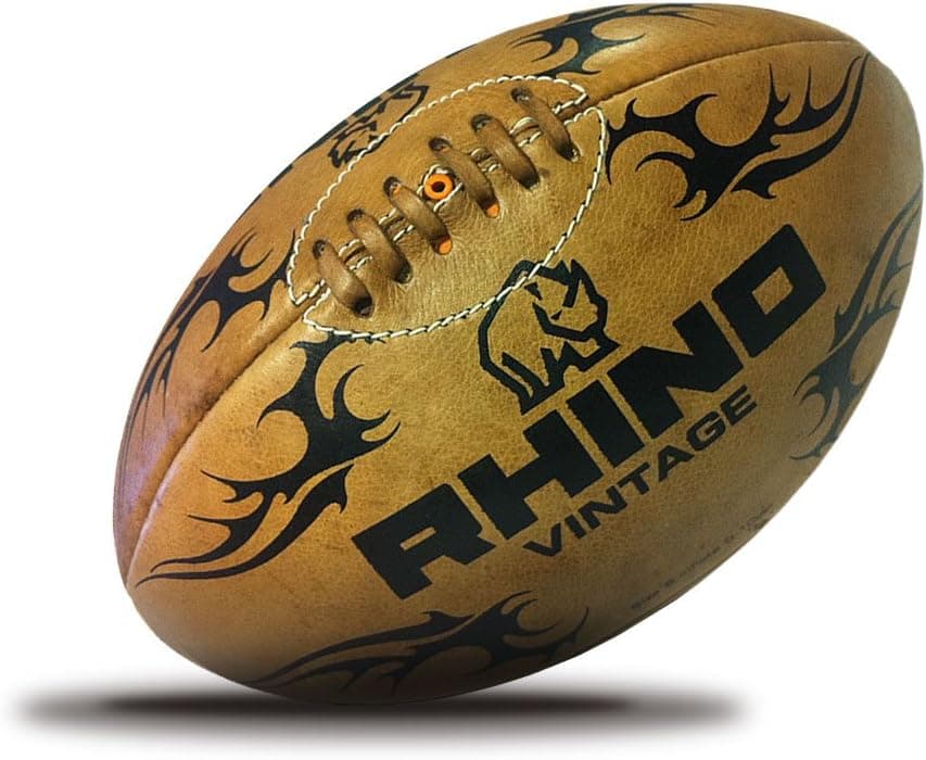 Rhino Rugby Vintage Leather and Wooden Display Stand Rugby Ball, Size 5
