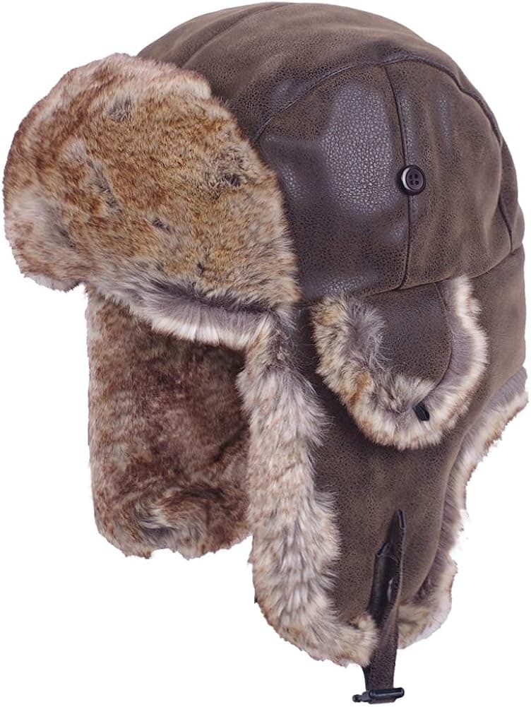 Russian Ushanka Cossack Trooper Trapper Aviator Bomber Hat Fur Lined Earflap Winter Cap with Chin Strap