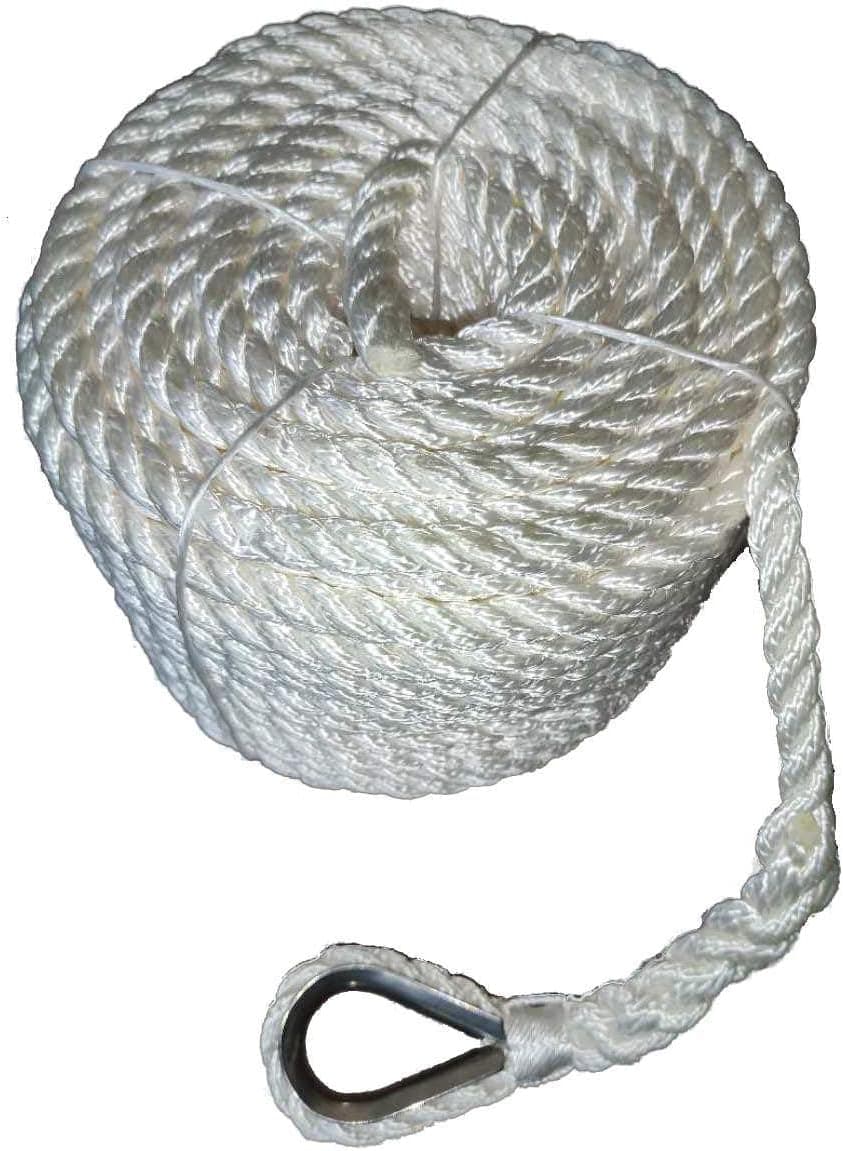 MarineNow Twisted 3 Strand Nylon Anchor Rope Line Rode with 316 Stainless Steel Thimble Choose Size and Length (3/8", 100 feet)