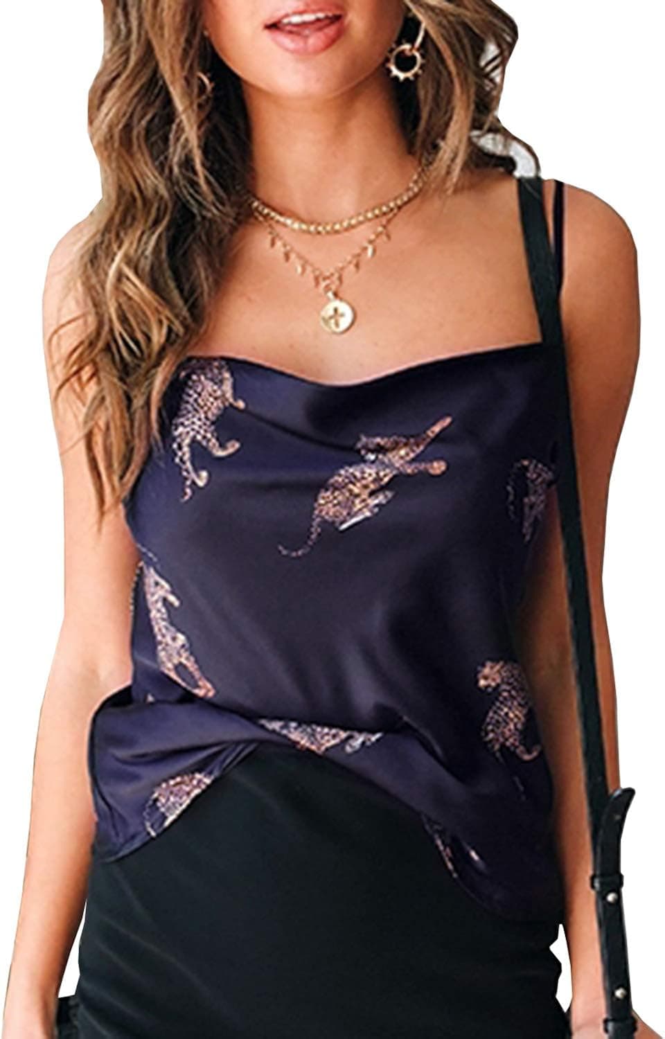 Miessial Women's Spaghetti Straps V Neck Satin Camisole Sleeveless Soft Tank Tops Tiger Print 12