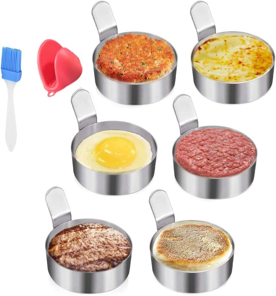 Egg Ring Stainless Steel Omelet Mold Non Stick Cooking Pancake Ring Cooking Tool(3 Inch, 6pack) with 1 Free Oven Glove and 1 Free Oil Bottle Brush.