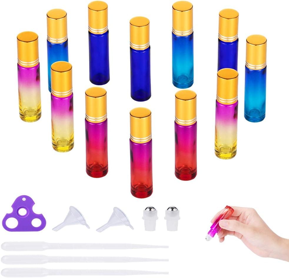 Essential Oil Roller Bottles, 12 Pack 10ml Glass Gradient Color Bottle with Gold Lids Include 1 Opener, 3 Dropper, 2 Funnel, 2 Extra Stainless Steel Roller Balls, 20 Labels YIDADA