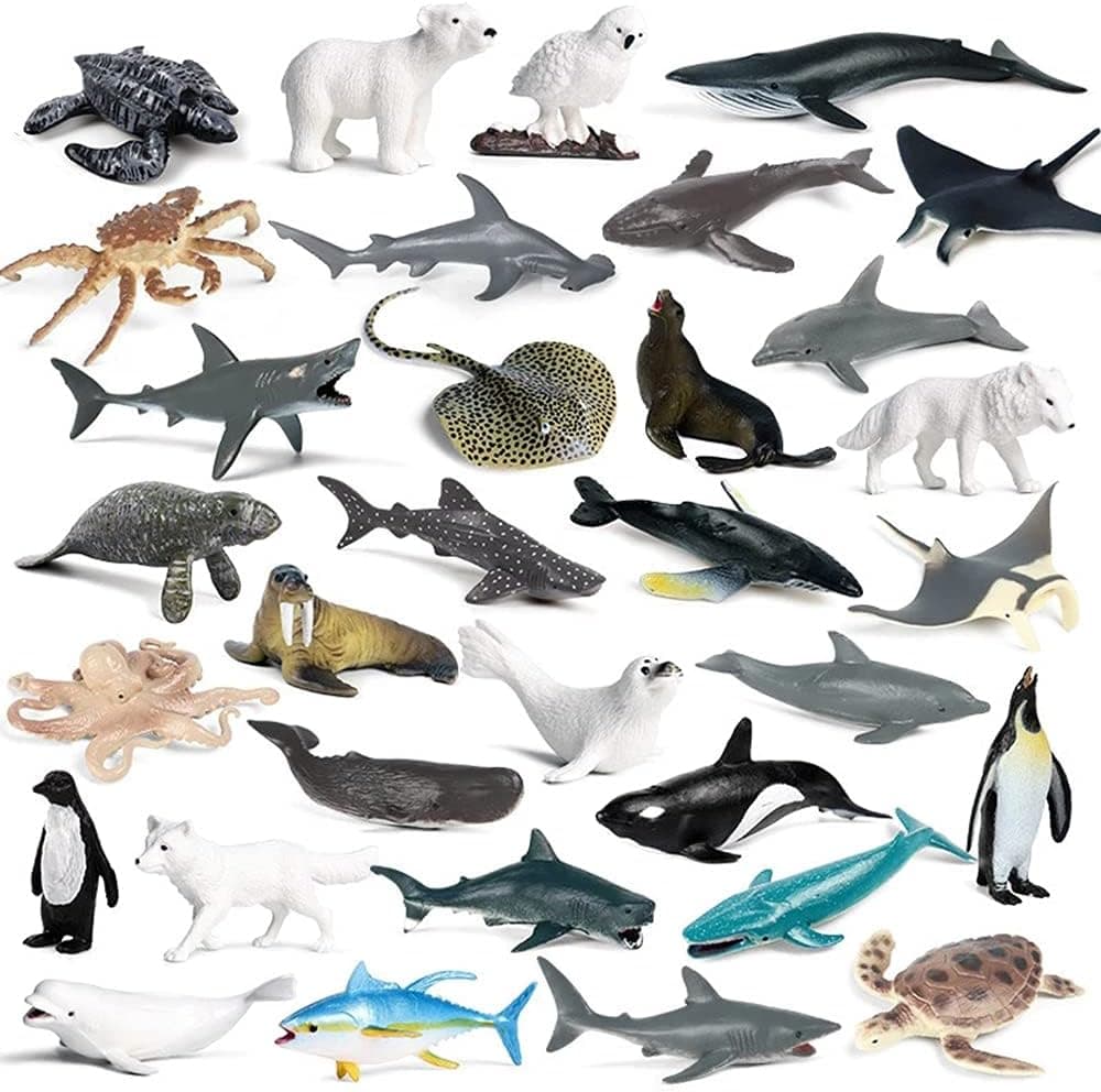 RCOMG 32PCS Mini Sea Animal Figures Toy, Plastic Small Ocean Animal Figurine Set with Sharks Whales Arctic Animal etc, Realistic Marine Miniature Playset for School Project,Cake Topper,Collection Gift