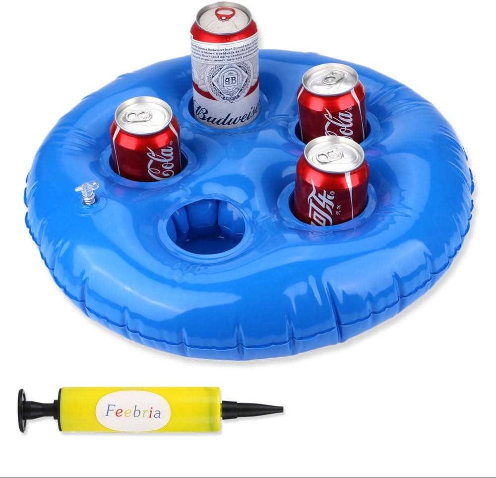 FEEBRIA Inflatable Blue Drink Holders for Pool, Hot Tub, Ocean & River, Cupholder Floaties to Float Your Beverages for Parties & Beach (Pump)