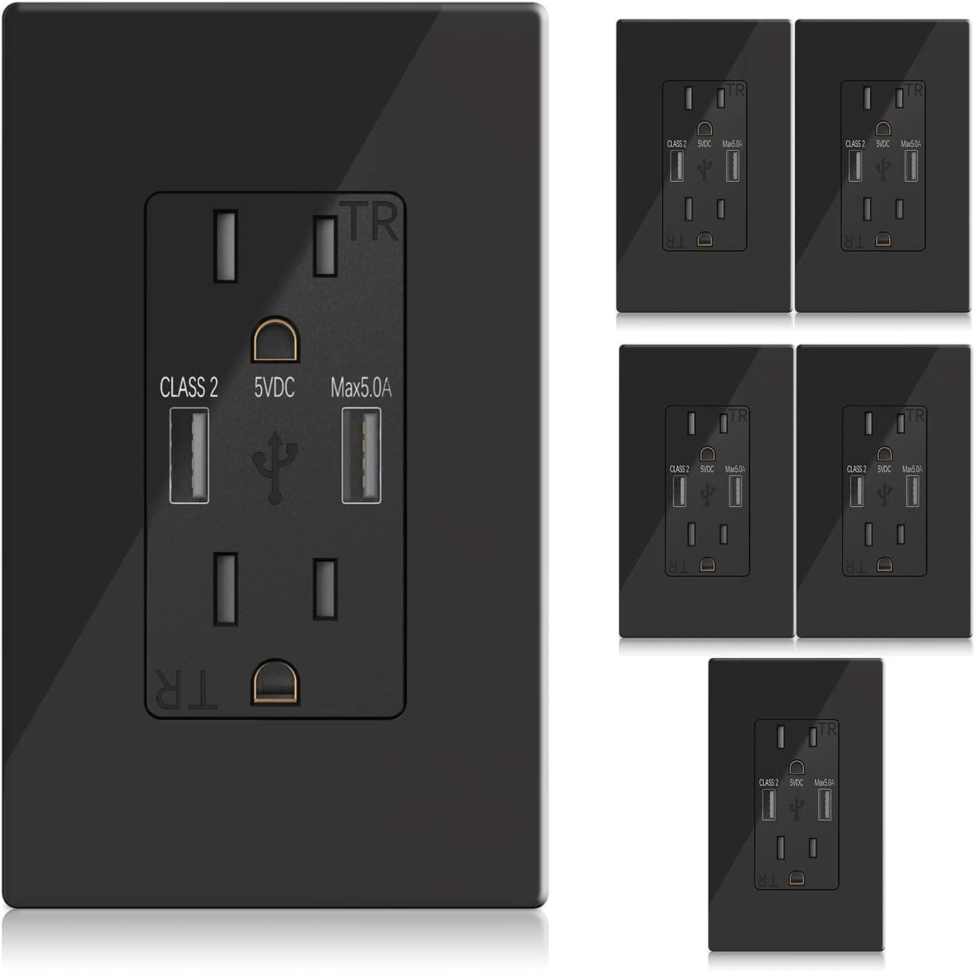 AllEasy USB Outlets 6-Pack, USB Wall Outlet Dual High Speed 5.0 Amp USB Ports with Smart Chip,15A Tamper Resistant Electrical Receptacle Wall Plate Included, ETL Listed, Black