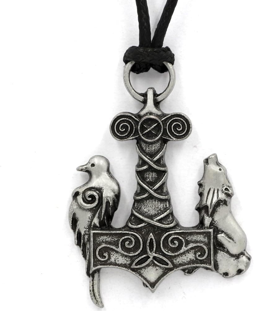 Norse Odin Thors Mjolnir Viking Viking Wolf And Raven Pendant Ancient Birds Necklace
