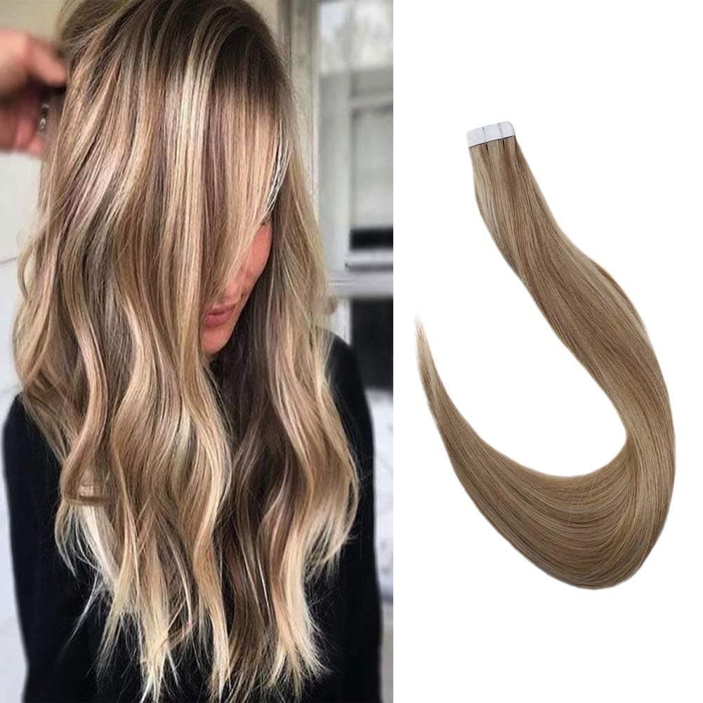 Surprise 18" Tape Extensions Long Straight Hair Piano Color #10 Golden Brown #14 Dark Blonde and Color #60 Platinum Blonde Remy Hair Extensions Highlighted 20pcs 50g One Pack