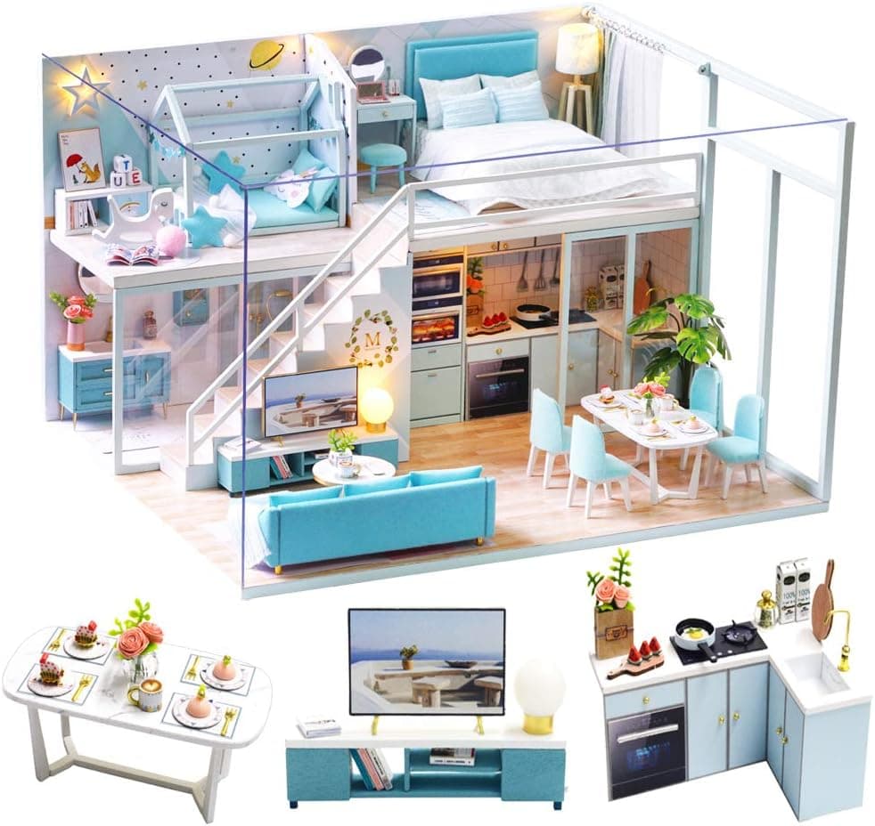 Spilay DIY Miniature Dollhouse with Furniture,Mini House Kit with Dust Proof and Music Movement,1:24 Scale Creative Room Gift Idea for Adult Friend Lover (Portic Life)