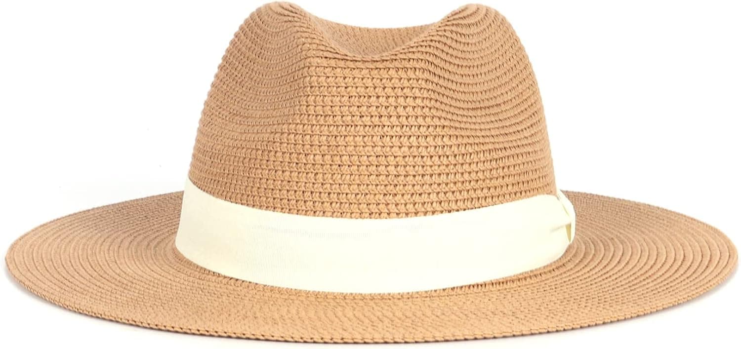 Zylioo Large Head Women's Beach Hats,Straw Panama Roll Up Hat,Foldable Brim Summer UV Hat Khaki