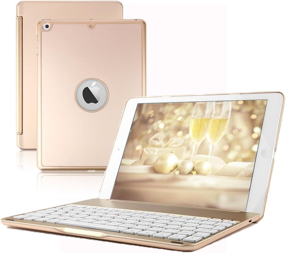 iPad Air Keyboard Case, DINGRICH 7 Color Backlit Keypad Ultra-Slim Aluminum Bluetooth Keyboard Case Cover Built-in Stand+Free Screen Protector&Stylus for iPad air/iPad5(2013 Release Only)(Gold)