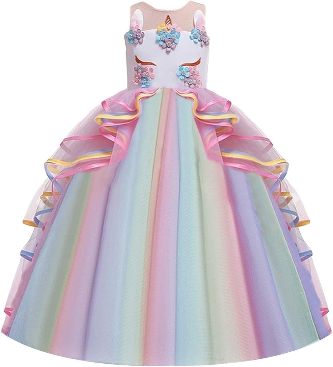 REXREII Girls Unicorn Party Sleeveless Tulle Dress Halloween Carnival Costume Princess Birthday Christmas Long Maxi Gown