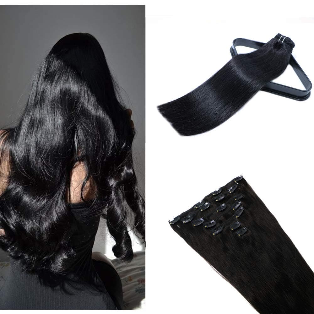 18In 10A Grade Clip In hair Extensions Natural Black Silky Long Straight Human Hair 100% Remy Human Hair Sew In Weave Salon Quality For Women 120g7PCS(18In#1B)