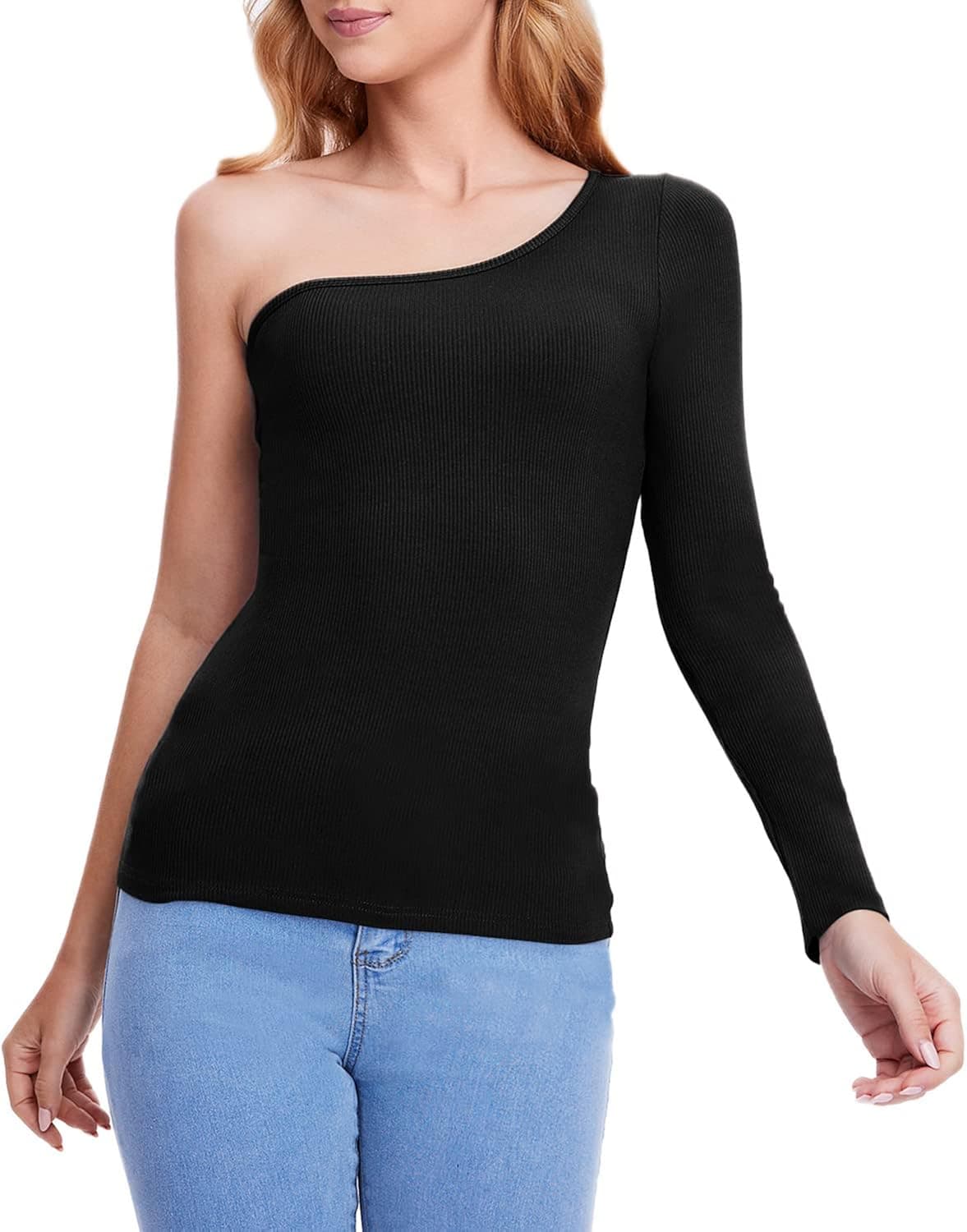 Verdusa Women's Basic One Shoulder Long Sleeve Fitted Tee Shirt Top