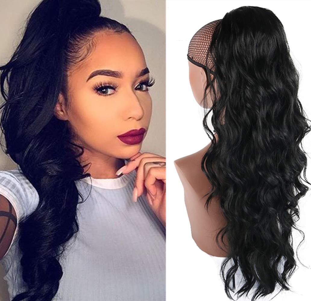 CINHOO Long Body Wavy Drawstring Ponytail Clip in Curly Black Ponytail Extension Synthetic wig Black Curly Wavy Pony Tail Hairpiece for Women 24 Inches Holiday Gift (Black)