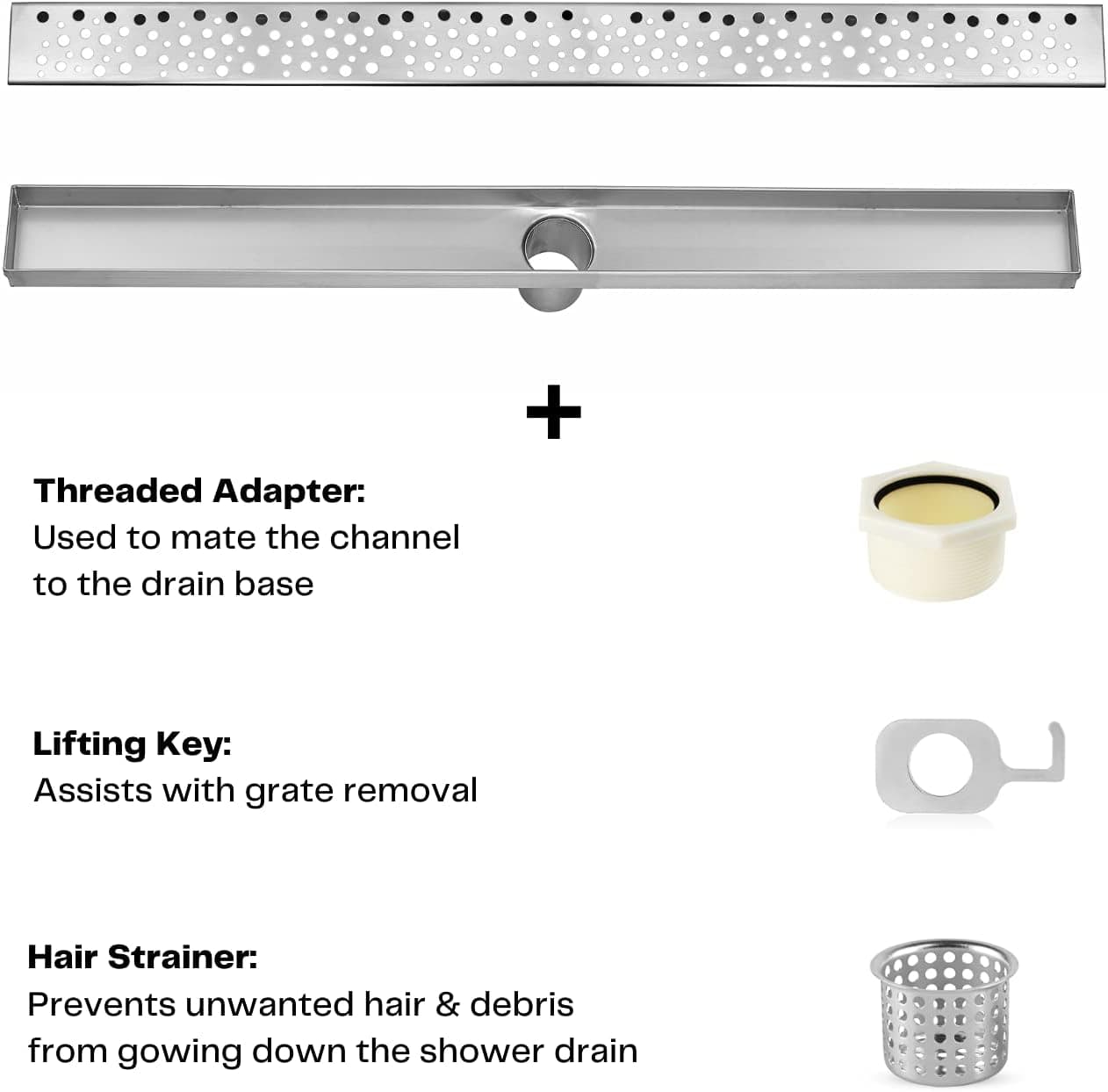 DreamDrain Professional Stainless Steel Linear Drain with Rain Pattern Grate - Easy Installation Shower Drain Kit with Hair Catcher (32 x 2.75 Inches)
