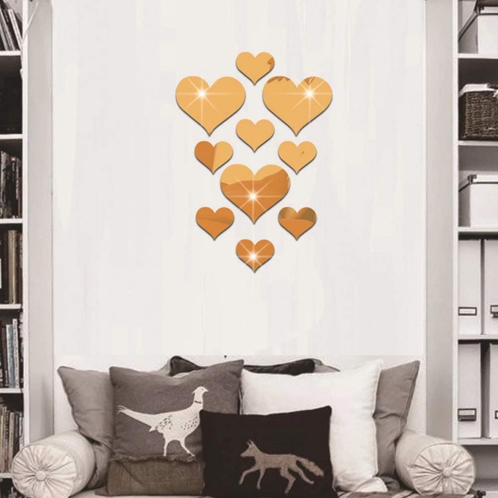 CUGBO 20 Pieces Crystal Love Heart Mirror Wall Stickers, Acrylic 3D DIY Art Wall Decals Home Living Room TV Background Decor, 10Pcs/lot(Gold)
