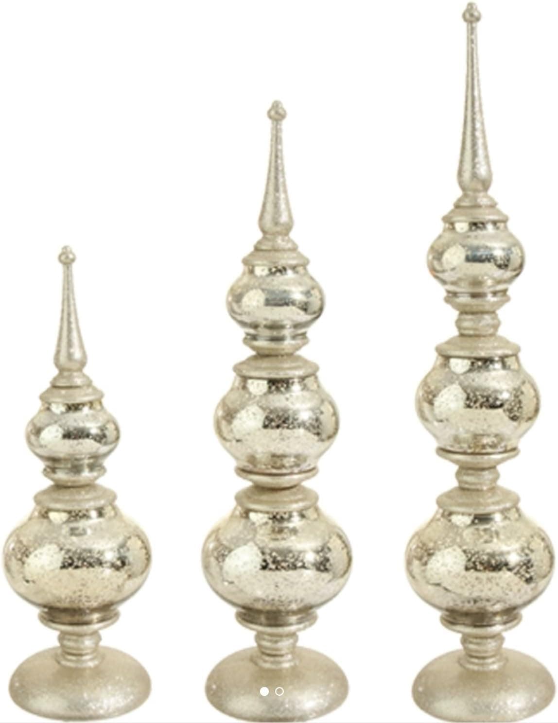 Raz Exquisite Set of 3 Graduated Size Silver Mercury and Gold Glittered LED Finials