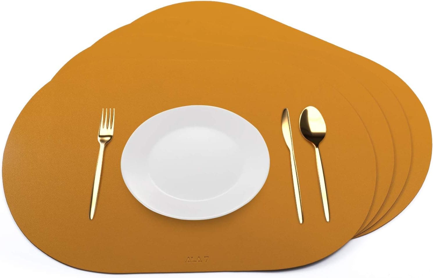 ALA7 Oblong Faux Leather Heat Resistant Placemats for Dining Table Set of 4 Non-Slip PU Table Placemats Oval Wipeable Waterproof Kitchen Decor-Mustard