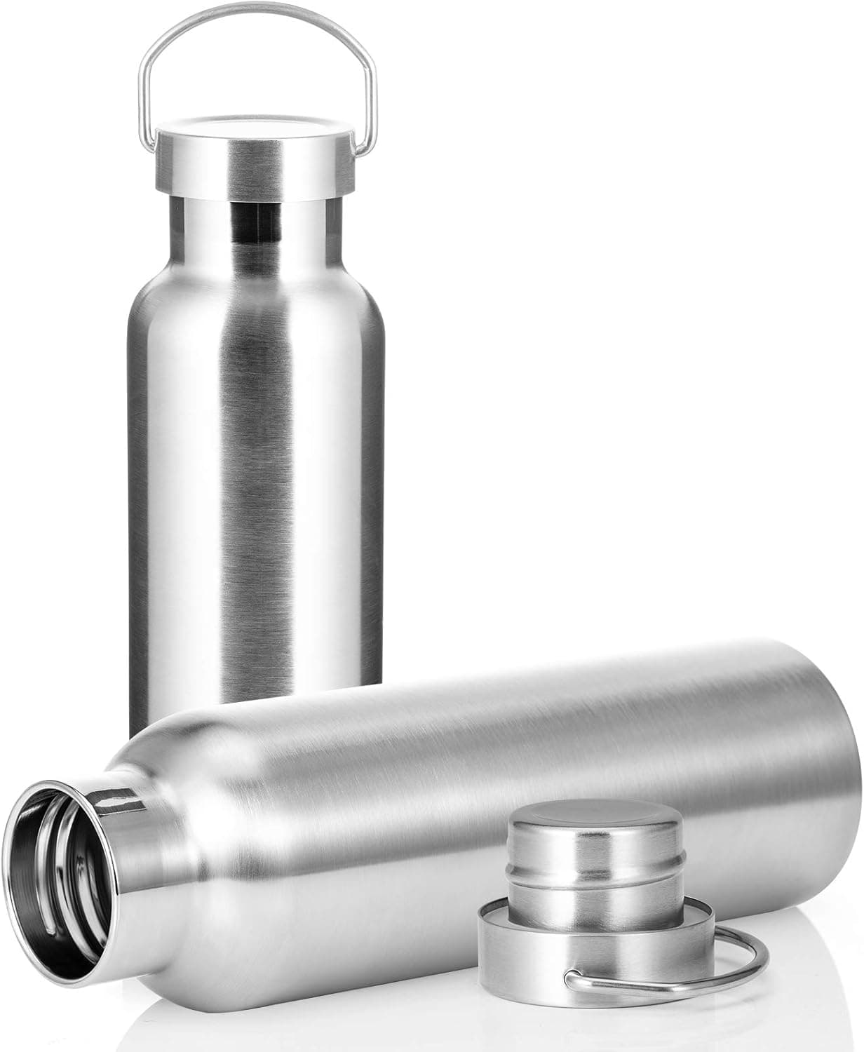 SMLIXE 20oz Vacuum Insulated Stainless Steel Sports Water Bottle Leak-Proof Metal Sports Flask Wide Mouth Double Wall Thermoses (StainlessSteel, 2Pack)