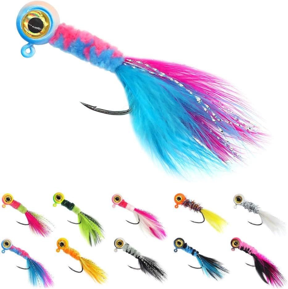 Crappie-Jig-Marabou-Feather-Jigs-for-Crappie-Fishing-Lures kit 50 Pack Panfish Sunfish Hair Jig Bait 1/8 1/16 1/32 oz