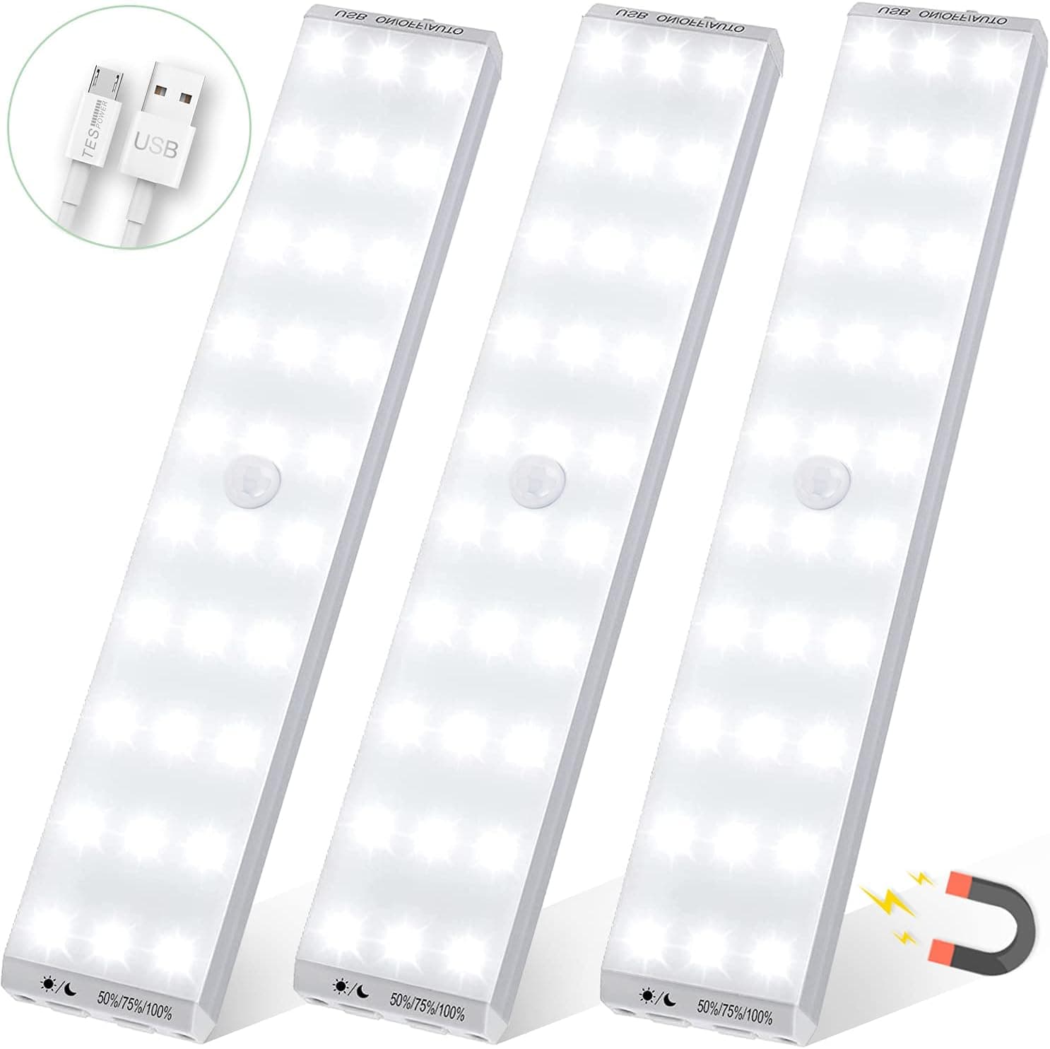 LED Closet Light,30-LED Newest Rechargeable 1000mAh Battery Operated,Motion Sensor Under Cabinet Lighting,Magnet easy to Stick on Anywhere Safe Night Light Bar for Kitchen,Wardrobe,Hallway (3 Pack)