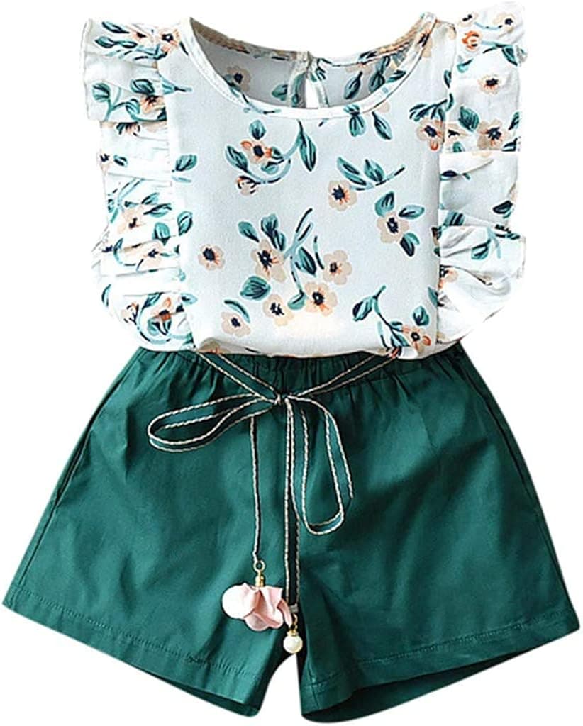 Flashing boy Baby Toddler Girls Summer Outfits 2-7 Years Kids Flower Print T-Shirt Sleeveless Top Belt Shorts Pants Set
