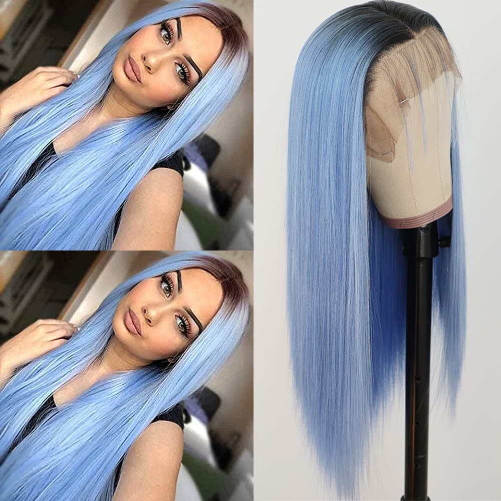 PlatinumHair Blue Lace Front Wigs Long Straight Hair Wigs Ombre Blue Wig Heat Resistant Fiber Hair Glueless Synthetic Lace Front Wigs for Fashion Women