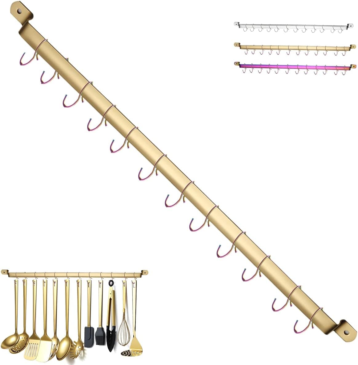 Kyraton Kitchen Utensil Rack, Kitchen Rack With Gold Titanium Plating,Rail Rack Organizer for Hanging Knives,Wall Mounted Gourmet Kitchen Rail with 14 Hooks