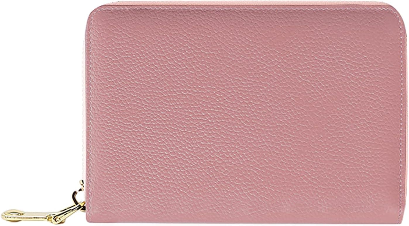 LOKNGXU Leather Card Holder with Keychain, Zip Small Coin Purse Compact Wallet for Men and Women (Pink)