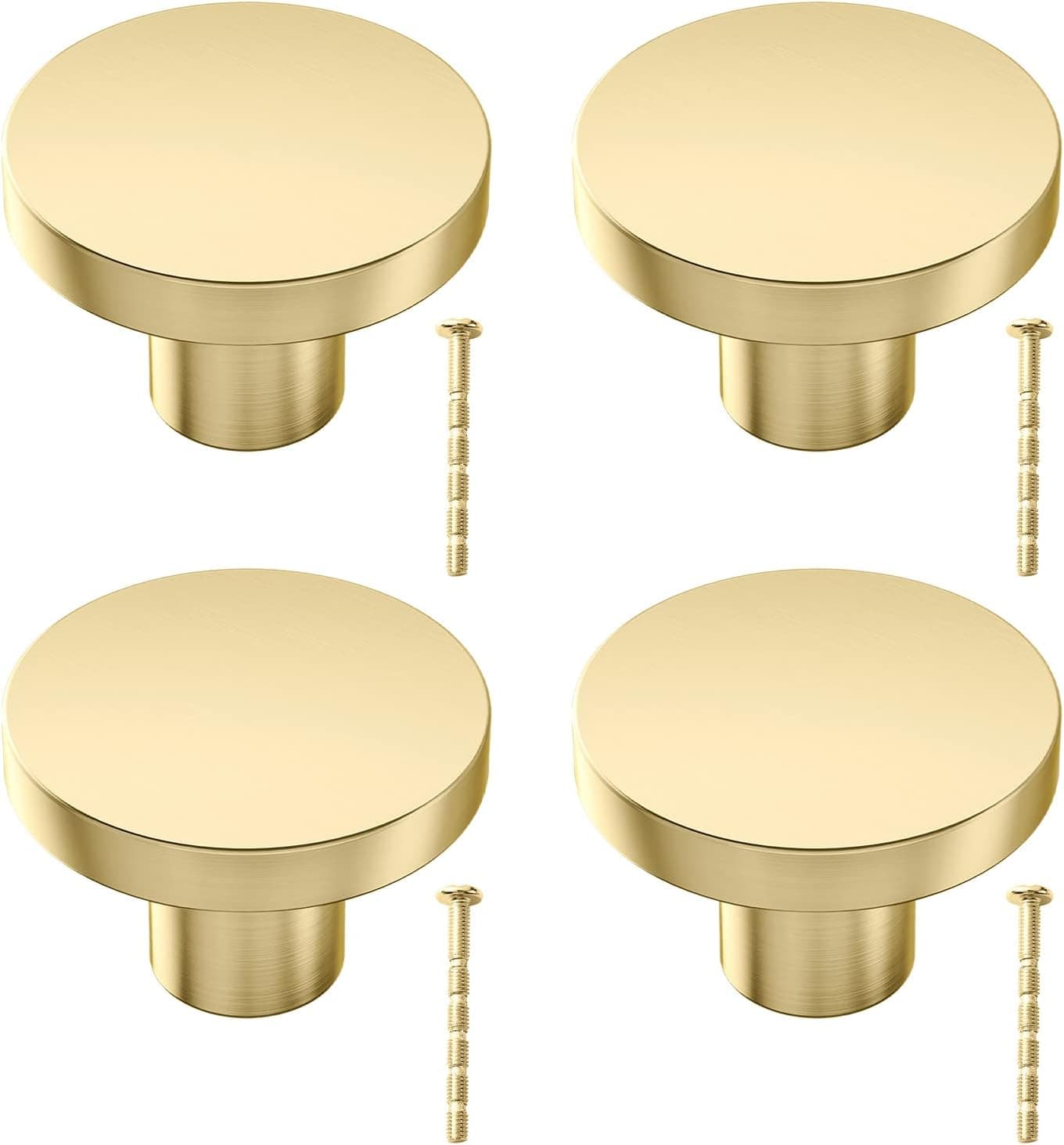 LIERONE 4 Pack Gold Kitchen Drawer Knob Brushed Brass Cabinet Knobs,1.1 Inch Diameter Brushed Gold Round Dresser Door Knobs, Kitchen Hardware for Cabinets