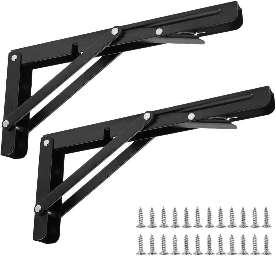 Luomorgo 2 Pcs Folding Shelf Brackets 10 Inch, Heavy Duty Black Metal Triangle Table Bench Folding Shelf Hinge Wall Mounted, Max Load 265lb