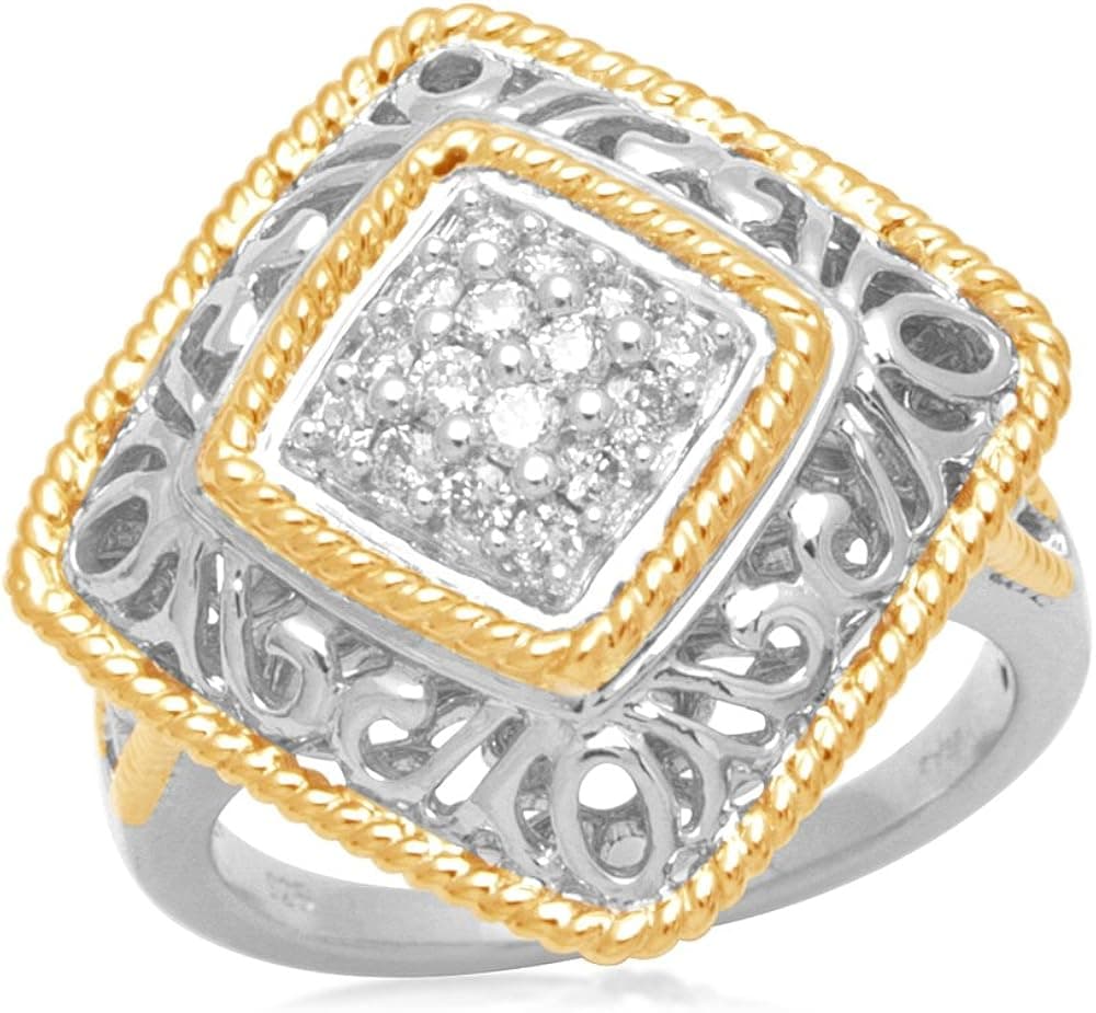 Jewelili 14k Gold Plated Sterling Silver Diamond Square Ring (1/4 Cttw), Size 7