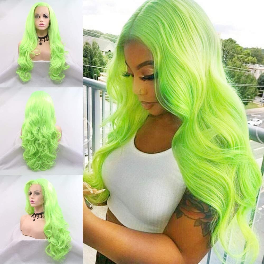 Neon Green Curly Real Hair Wig Fluorescent Green Handmade Synthetic Lace Front Wigs for Women Long Body Wave Pastel Green Wig Preplucked Hairline Realistic Cosplay Party 24inch Syntehtic Wig
