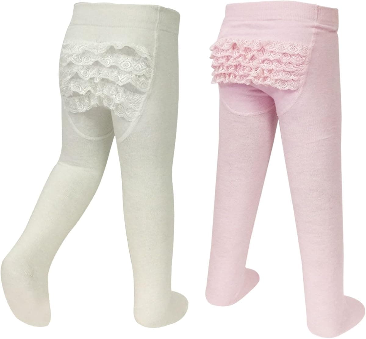 Bowbear 2-Pair Little Girl Ruffle Bottom Cotton Tights (Pink & Ivory)