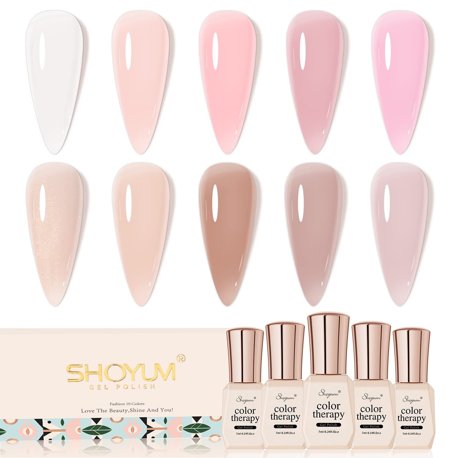 SHOYUM Jelly Nude Gel Polish Set, Sheer Milky White Pink Transparent Gel Nail Polish Kit UV LED Nail Gel Polish Colors Varnish Nail Art DIY Salon 10Pcs 7ML