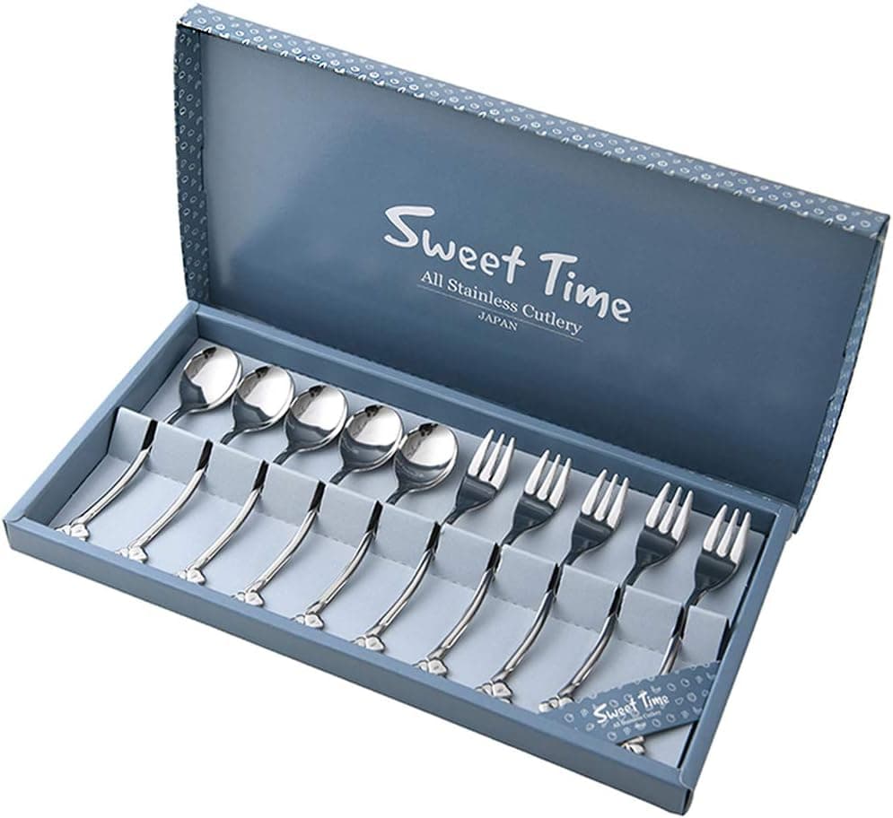 Stainless Steel Coffee Spoons and Fruit Forks,Made in Japan, 10-piece Mini Demitasse Espresso Spoons and Bistro Forks Set for Dessert, Appetizer, Cake, Tea (Four-leaf clover)