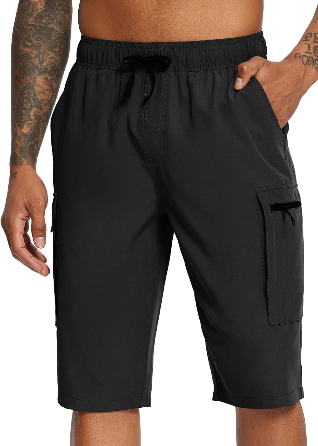 BALEAF Men's 13" Knee Length Long Shorts, Comfy Elastic Waist Hiking Cargo Shorts, Lightweight Quick Dry Workout Gym