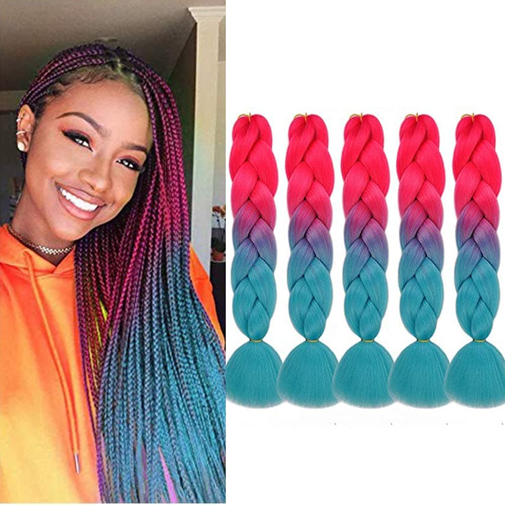 Mychanson 5Pcs Braiding Hair Ombre 24Inch Braid Hair High Temperature Fiber Ombre Braiding Hair For Twist Hair Braids Hair Extensions(Peach Red to Lake Blue)