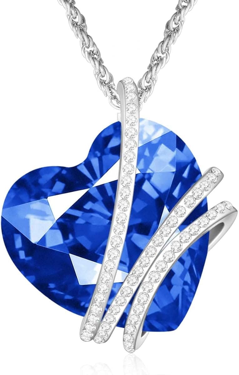 MyBeautyTags Love Heart Pendant Crystal Birthstone S925 Silver Plated Necklaces for Women Birthday Jewelry Gift for Women Girls Mom Girlfriend Her Anniversary Christmas Day Best Friend