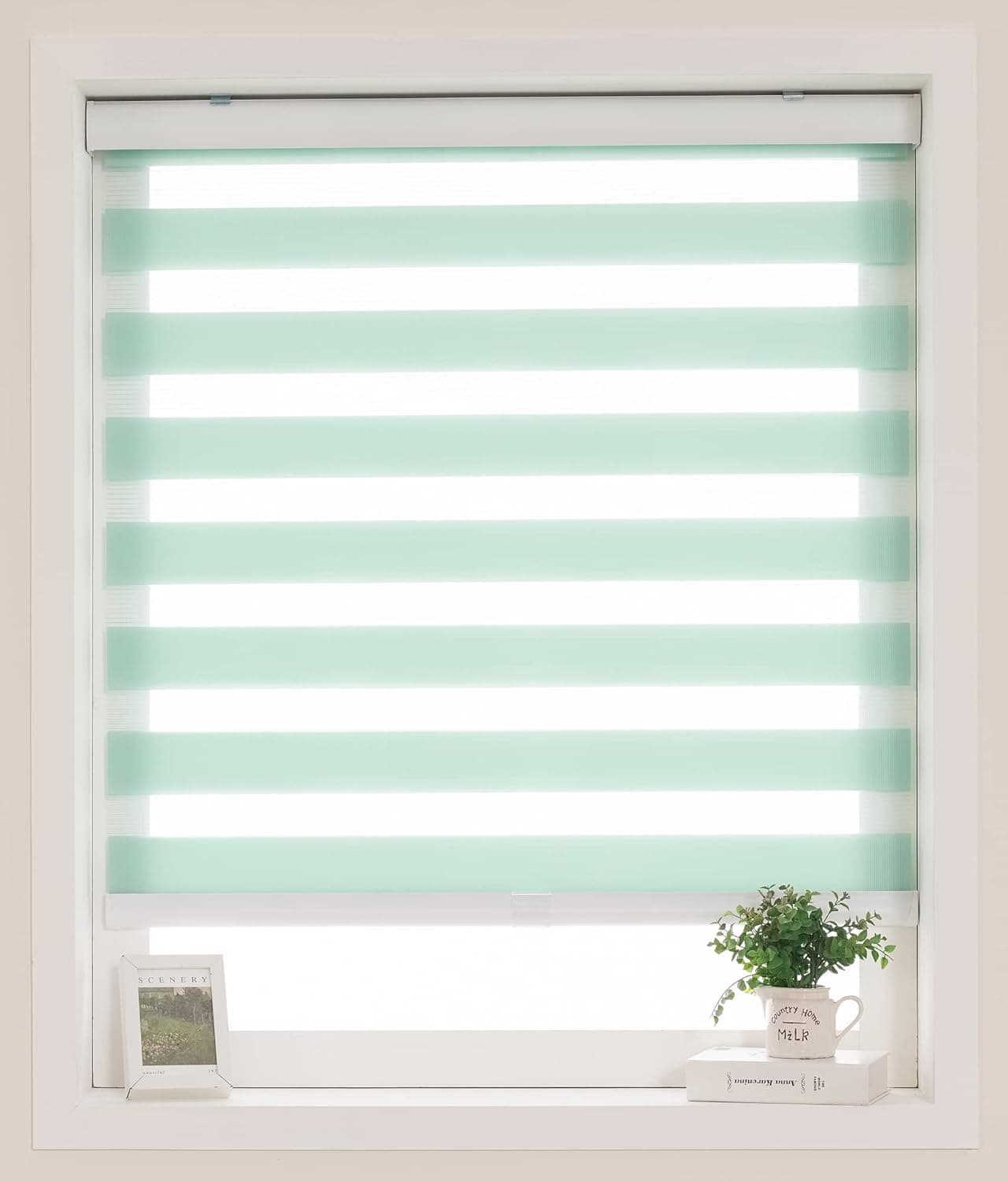 Cordless Custom Zebra Roller Shades and Blinds [Cordless Basic, Mint, W 28 x H 40 inch] Dual Layer Sheer or Privacy Light Control, Day and Night Window Drapes, 24 to 70 inch Wide